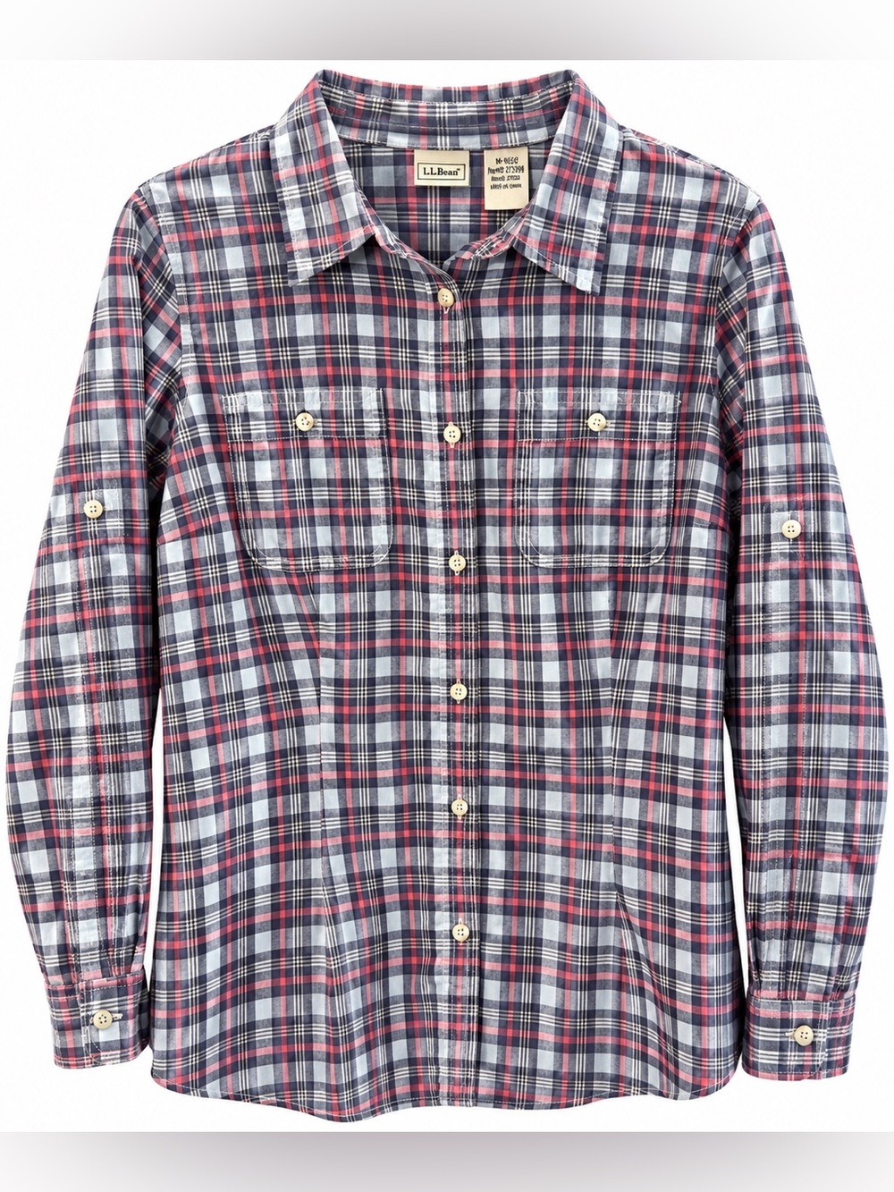 L.L.Bean Plaid Cotton Button Down Shirt M Roll Tab Sleeve Blue Pink